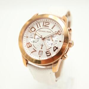 Michael Kors Mercer Chronograph 42mm Watch Rose Gold White Leather w New Battery